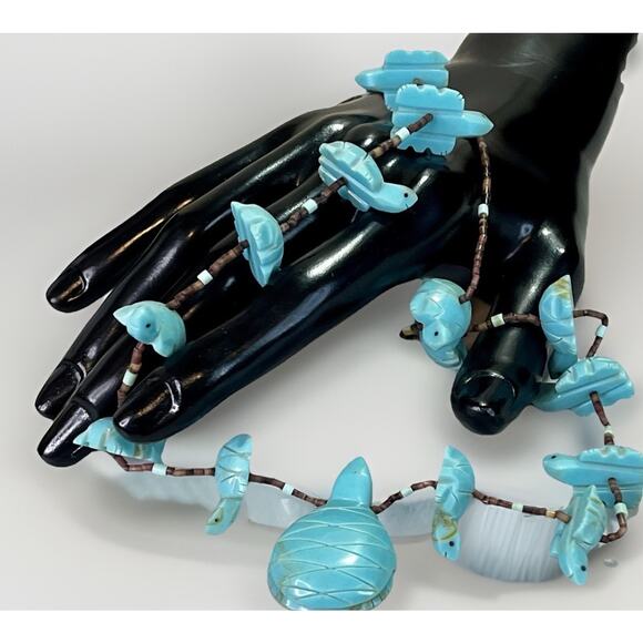 Native American Zuni Turquoise Turtle Multi Animal Fetish Heishi Shell Necklace - Picture 5 of 14